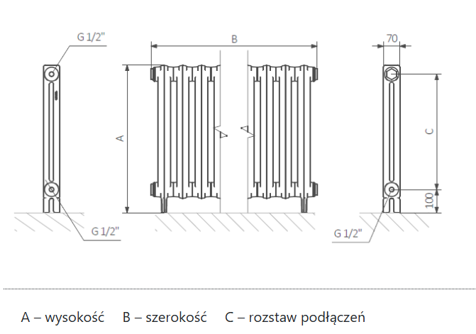 <p>A – wysokość, B – szerokość, C – rozstaw podłączeń, D, D', D'' – rozstaw zawiesi</p>